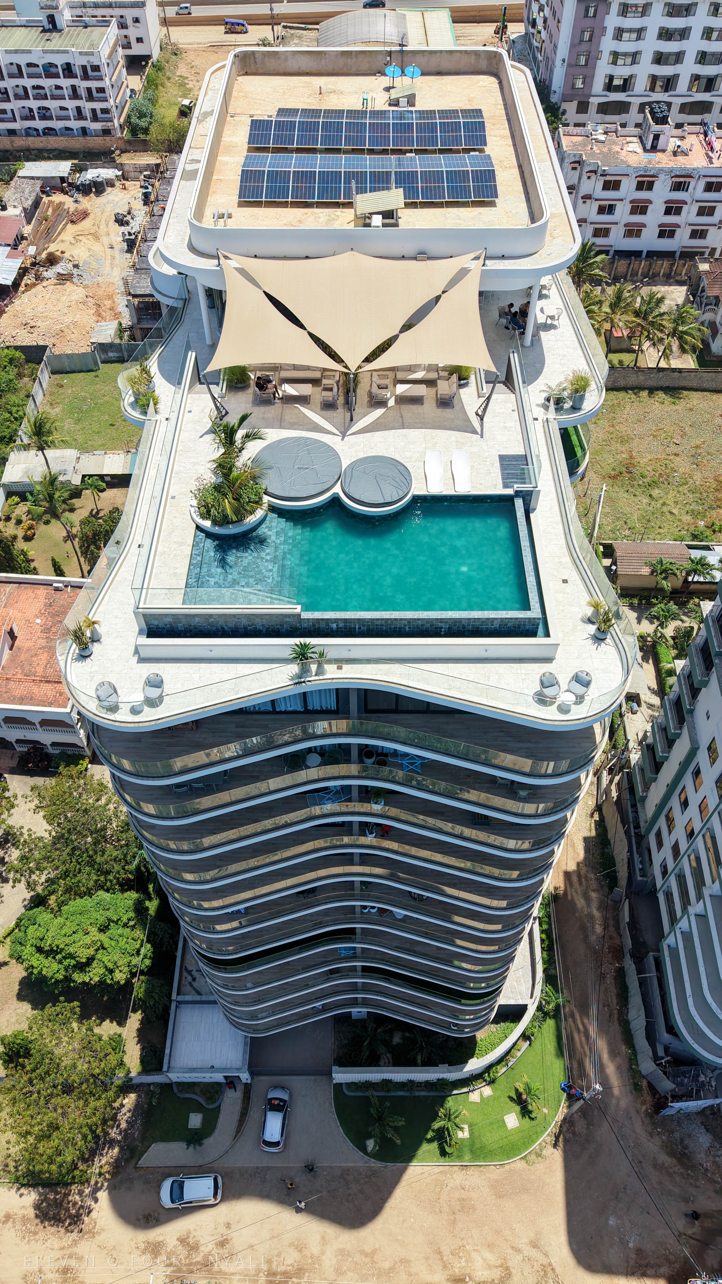 Drone view of the rooftop pool at Evoque